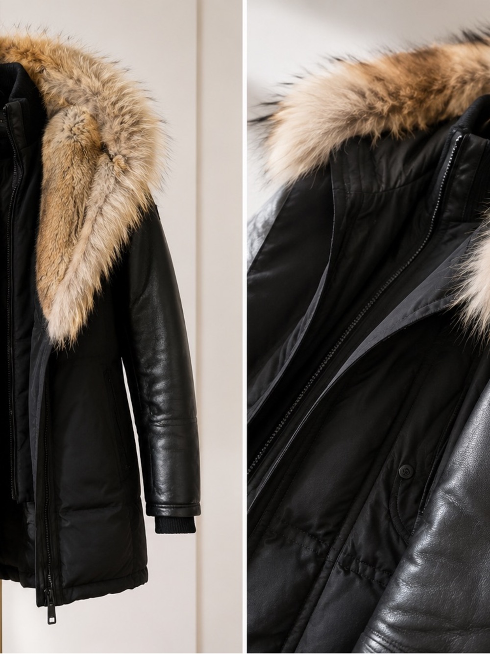 RUDSAK Black Leather Parka with Beige Fur-Trim Hood